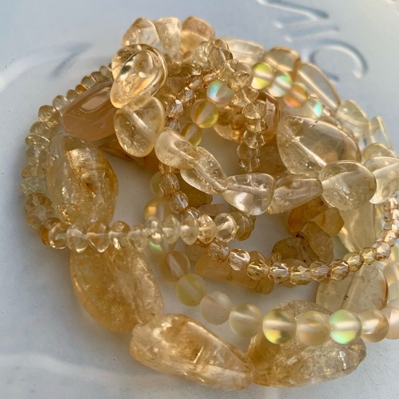 Natural Yellow Citrine & Matte Quartz Gemstone Mixed Bead Bracelet Stack - Picture 2 of 6